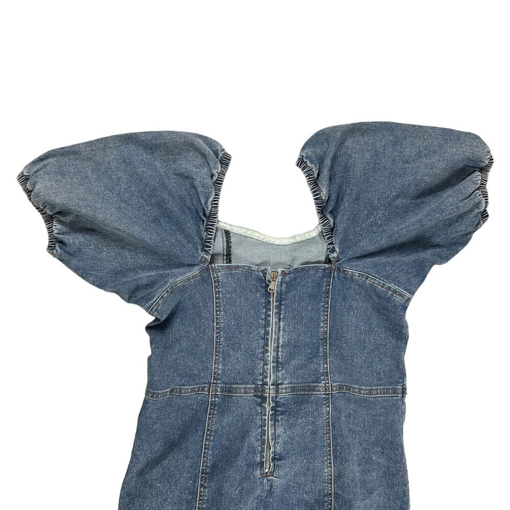 Madden Girl Sz M Jean Denim Mini Puff Sleeve Dress Sweetheart Neckline Zip Up - Picture 5 of 12